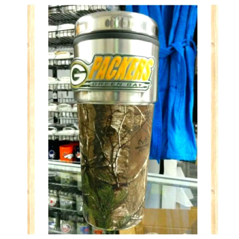 Green Bay Packers Camouflage & chrome travel coffee mug